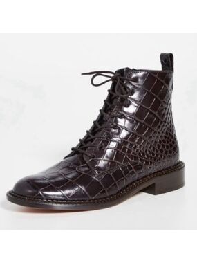 PERTINI CROC EMBOSSED BROWN LACE UP BOOTIE WITH SIDE ZIP WOMENS SZ 37